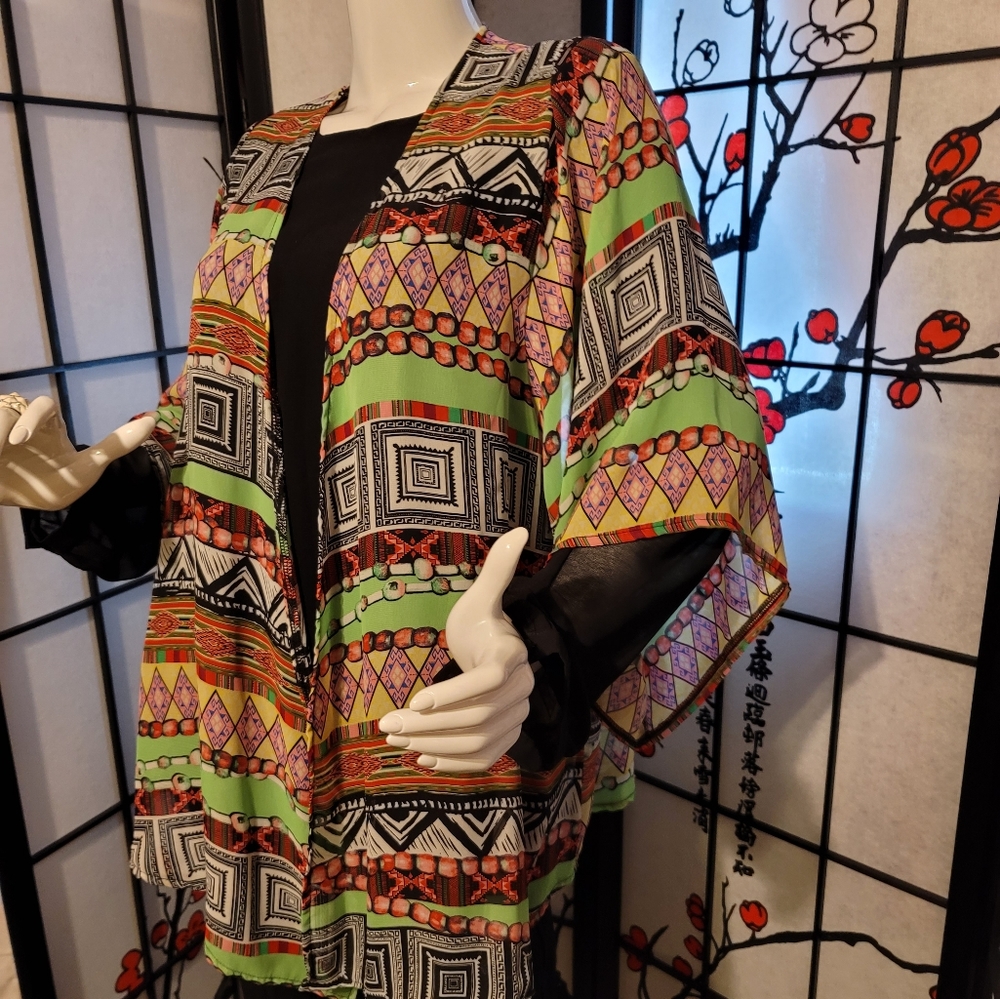 TEENBELL SHEER LADIES KIMONO STYLE JACKET/BRIGHT SPRING ART/SIZE MED